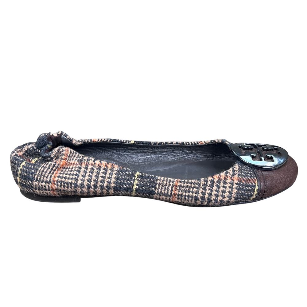 Tory Burch Plaid Tweed Leather Cap Toe Minnie Travel Ballet Flats Size 6.5